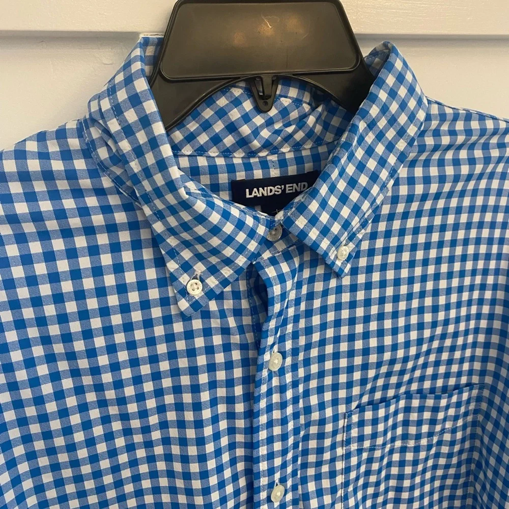 Lands' End Long Sleeve Button Shirt Men's M Traditional Fit Blue White No Iron‎